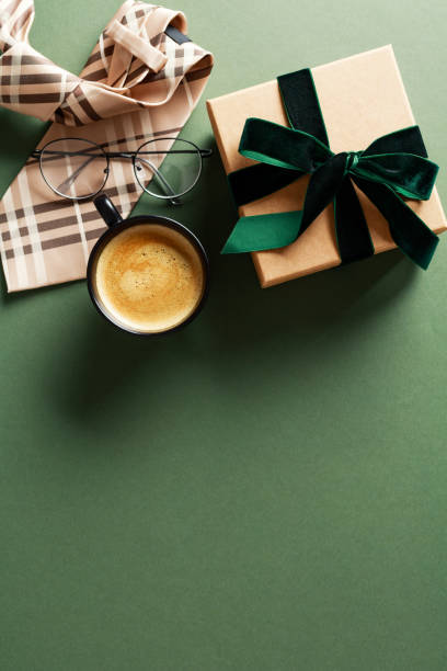 istock Happy Fathers Day flat lay composition with gift box, coffee cup, tie on green background. 2152174722