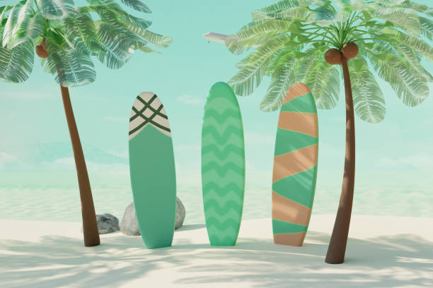 Summer tropical beach with coconut palms and surfboard on sand. Summer travel concept. 3d render