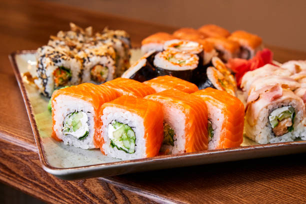 Set of sushi rolls in a cafe
