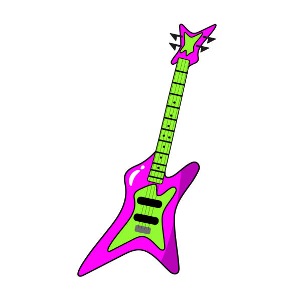 Colorful pink and green vector illustration, guitar, musical instrument, 80s-90s Colorful pink and green vector illustration, guitar, musical instrument, 80s-90s comic style icon, symbol and object in cartoon style, trendy retro hipster style sticker. Fashion illustration y2k, hand drawing pink guitar stock illustrations