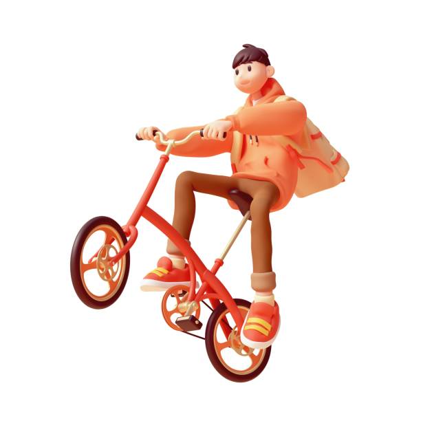 Young cute funny smiling casual asian guy wears fashion red hoodie, brown jeans, sneakers, yellow backpack rides bicycle up floats in air have fun, rejoice, joy. 3d render isolated on white backdrop.