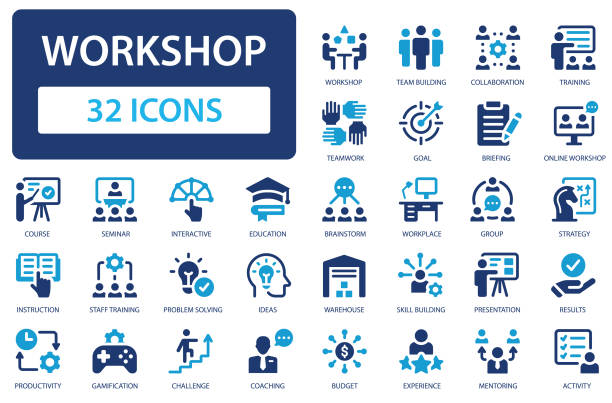 sammlung von werkstatt-ikonen. professionelles seminar zur vermittlung von fähigkeiten und zur verbesserung der teamarbeit. einfaches flaches vektorsymbol. - lernender stock-grafiken, -clipart, -cartoons und -symbole