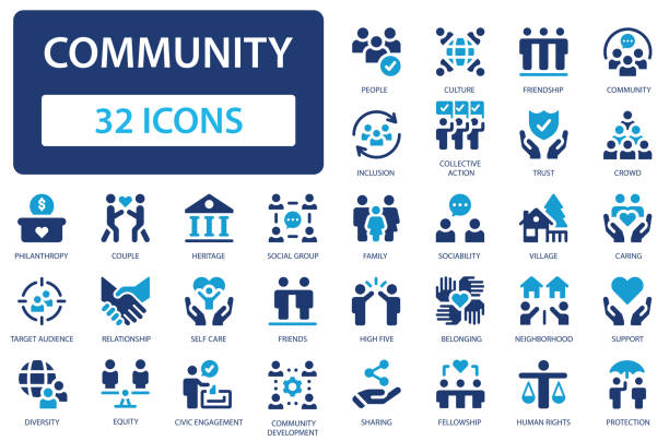 sammlung von community-symbolen. soziales leben, das familie, freundschaft, kommunikation usw. umfasst. solides icon-set. - zusammenhalt stock-grafiken, -clipart, -cartoons und -symbole
