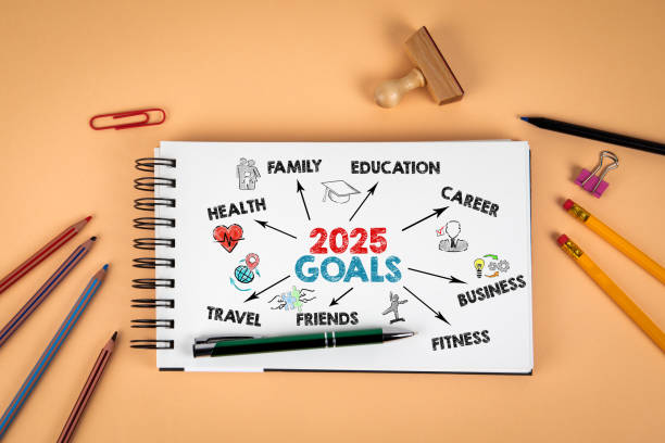 istock 2025 Goals. Notepad and office supplies on a light background 2152186644