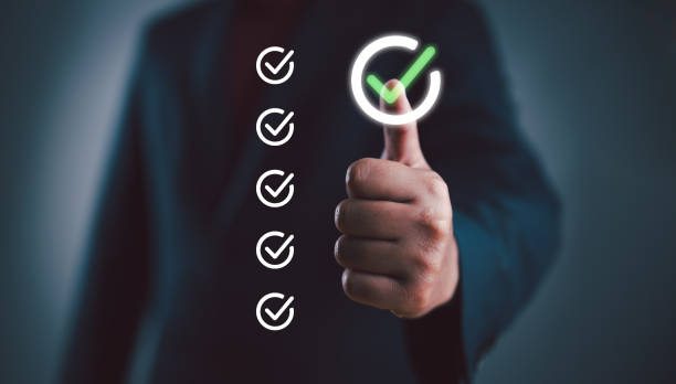 Quality management with Quality Assurance or QA and Quality Control or QC and improvement. Standardization and certification concept. Compliance to regulations and standards. Concept with manager.