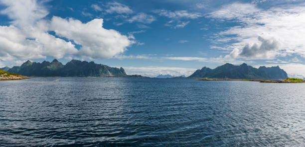 View across the fjord to the mountains of the Lofoten Islands in Norway