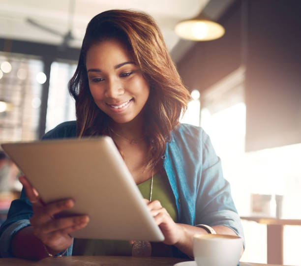 istock Cafe, business and woman with tablet, typing and connection with internet, coffee and network. Person, copywriting and girl in restaurant, tech or digital app with social media and email notification 2152191702