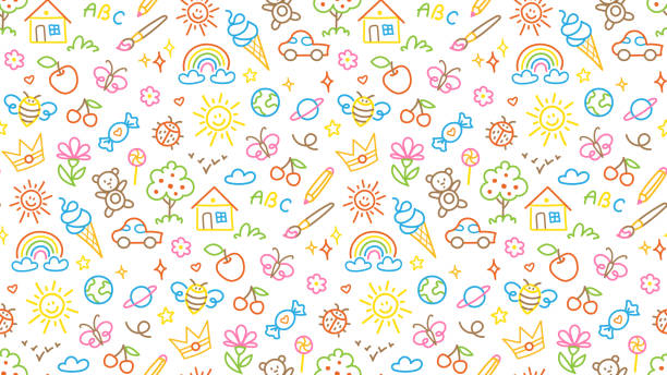 stockillustraties, clipart, cartoons en iconen met seamless pattern with fun doodle children drawing. - peuterschool