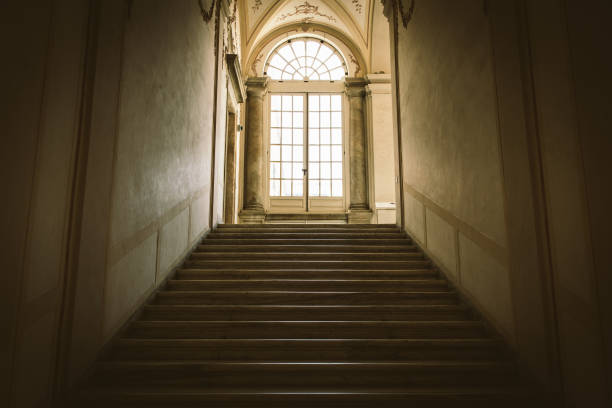 istock Ancient dark staircase - Grunge interior, nobody, empty building architecture, window. 2152196355