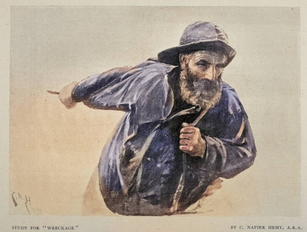 Vintage illustration Fisherman or sailor pulling on a rope, after painting by Charles Napier Hemy, Victorian art,