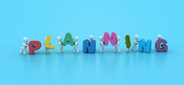 Cartoon Business People Carrying Planning Word - Colored Background - 3D Rendering