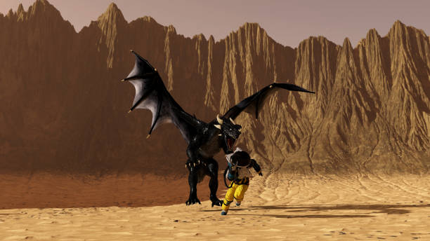 istock Illustration of a running astronaut on a flat sandy surface away from a black dragon on an alien world. 2152199019