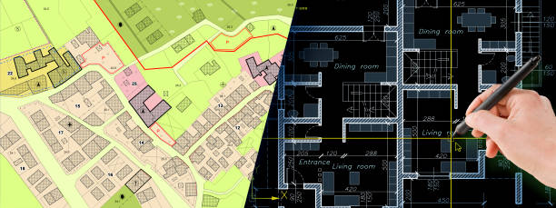 istock Building Permit concept in buildings activity and construction Iindustry with residential building project, imaginary cadastral map and General Urban Plan 2152199225