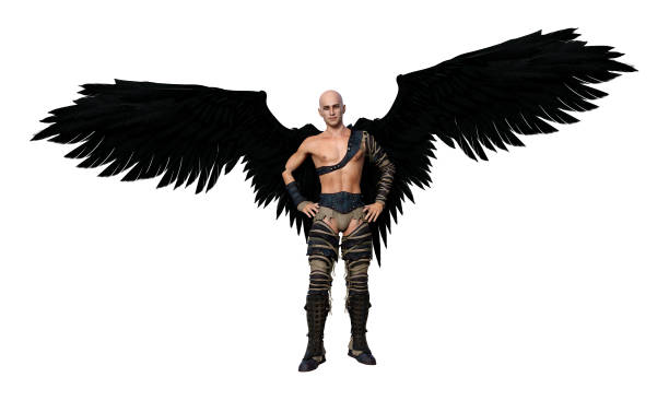 3d illustration of a bare chested male angel with hands on hips and spread wings on a white background.