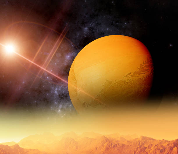 Sci-fi landscape. Exoplanet seen from one of its moons. Satellites of an extraterrestrial planet. Clouds and atmosphere of a moon near a planet. 3d rendering