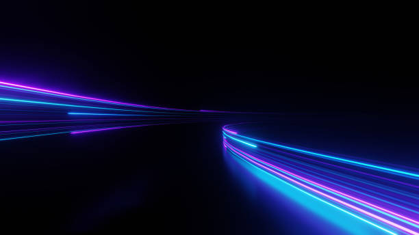 istock 3D Render, Motion Speed neon light trail on dark background, abstract blue and purple light with high fast move curve beam. 2152201807