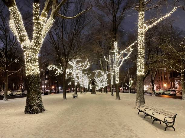 istock Snow covered park with Christmas lights 2152206145