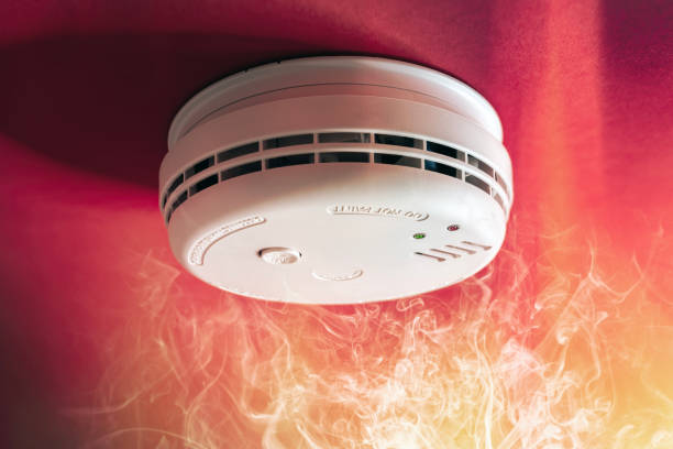 istock Smoke alarm detector and interlinked fire alarm in action background 2152206397