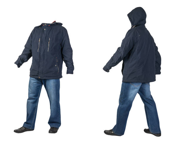 istock dark blue jeans, black leather shoes, jacket isolated on white background. 2152210114