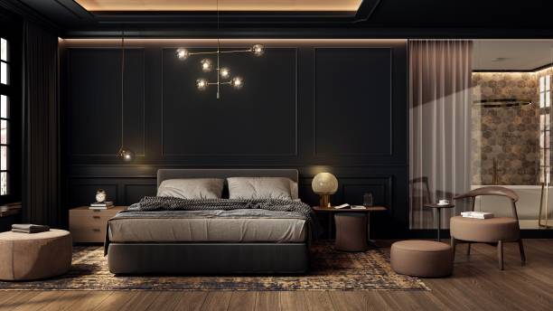 istock Black bedroom interior designed in a modern classic style with a bathroom behind a glass wall. 2152214643