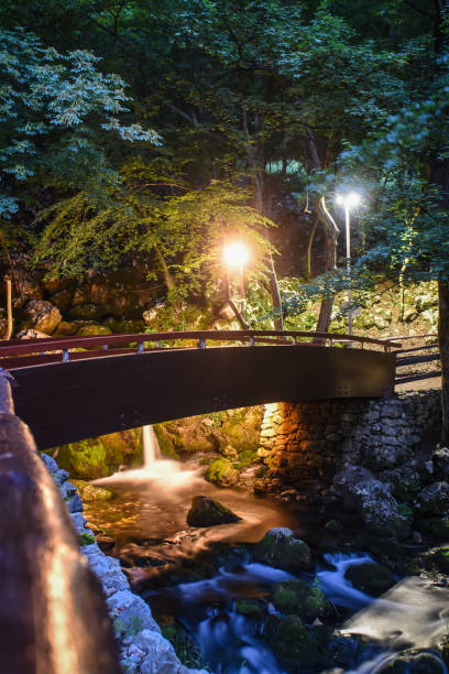 istock Wooden bridge over misty river in the dark night 2152215994