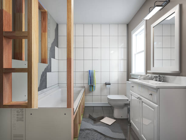 istock Bathroom repair with flooring, tile installing and bath installation 2152221058