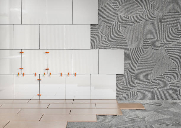 Ceramic tiles on the wall and floor in the install process. 3d illustration