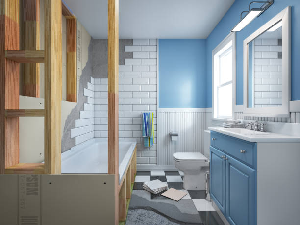 Tile installation expert installs large size bathroom tile.