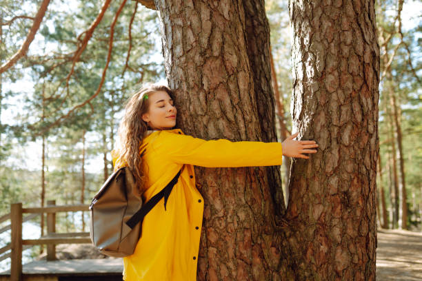istock Woman with backpack hiking in autumn forest. 2152233748
