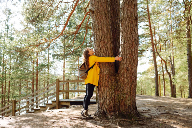 istock Woman with backpack hiking in autumn forest. 2152233752