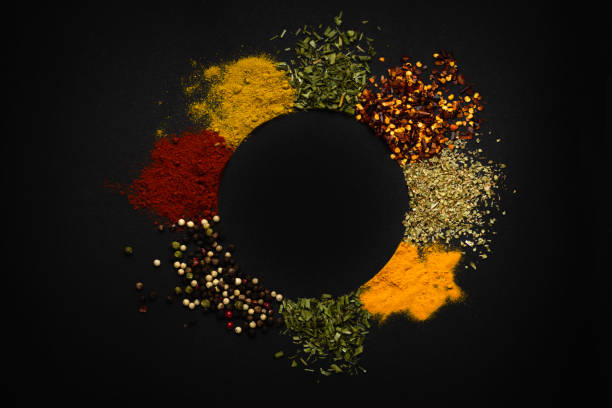 istock Curry pile, caribbean spice blend, mix ground turmeric, fenugreek, coriander, ginger, cumin, allspice, chili, nutmeg, cardamom on isolated black, top view 2152233798