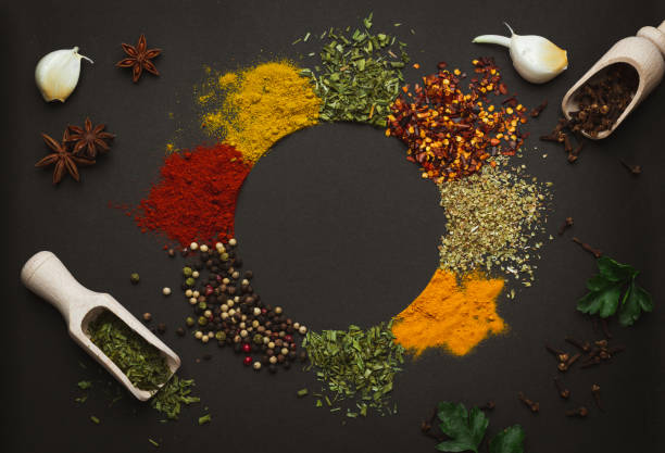 istock Circle frame composition of spices and herbs isolated on dark background with copy space. Frame of Indian spices and herbs. Ingredients of asian cuisine spices 2152233803