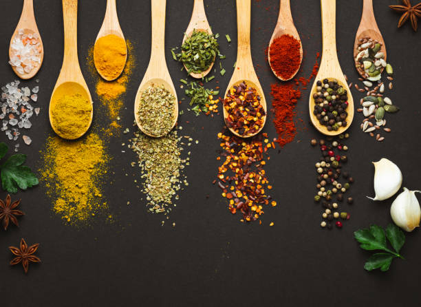 istock Various Asian spices in spoons on black background. Top view with free space 2152233867