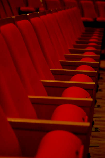 A detailed close-up of rows of empty theater seats, showcasing their elegant design and warm lighting. This image captures the atmosphere of a classic cinema, auditorium, or opera house, ideal for themes of entertainment, performance, and cultural events.