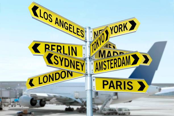 Road signs with travel locations in Whole world in an airport terminal