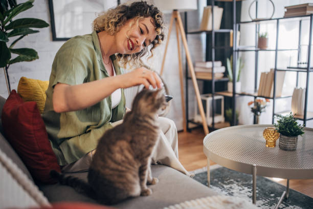 istock Joyful woman playing with cat at home 2152242476