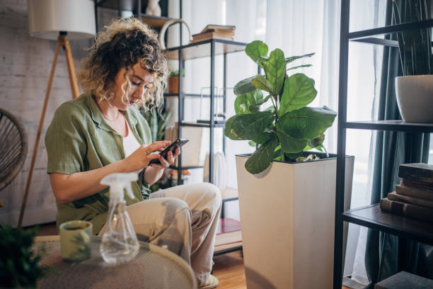 istock Young woman texting on smartphone in cozy home environment 2152244002