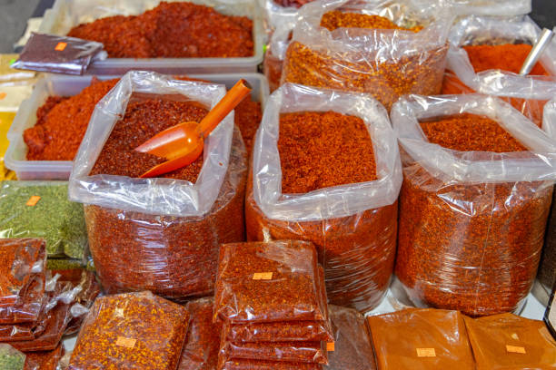Dried Chili Spices in Bulk Bags at Farmers Market Stall