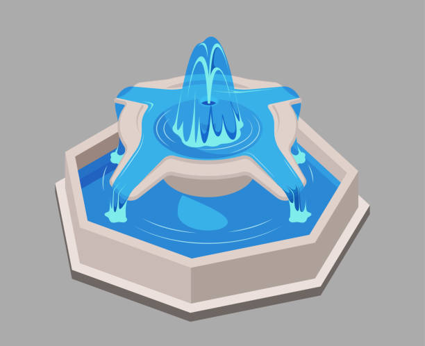 istock Illustration of a blue fountain on a hexagonal base, in vector style, set against a grey background, depicting tranquility. vector illustration 2152251482