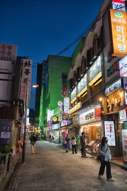Seoul, Korea - May 2nd 2024, Tourists walking on the street of Korean Food Restaurants at Myeongdong shopping street in Downtown Seoul Korea. 서울페스타 2024 명동