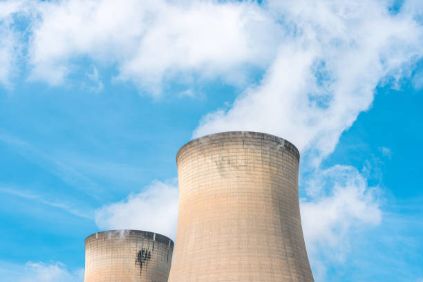 View of cooling towers at a power plant at Drax power station
