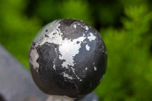 istock A cast iron railing post, with the black paint peeling off. 2152263144