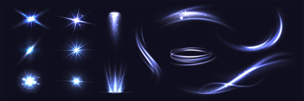 istock Light effects. Glowing stars and blur light wave trail, wavy glittering lines and spiral, sparkle lens flare ignition effect. Sunlight abstract isolated vector set 2152263483
