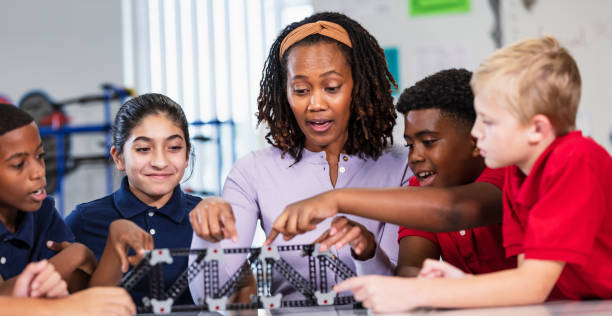istock Middle school students, teacher, building model bridge 2152266817