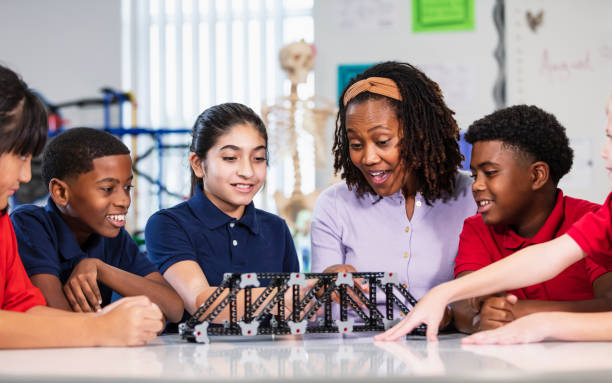 istock Middle school students, teacher, building model bridge 2152266822