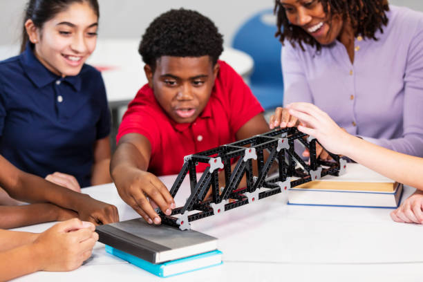 istock Middle school students, teacher with model of bridge 2152266825