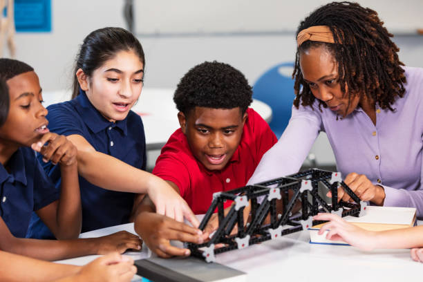 istock Middle school students, teacher with model of bridge 2152266827