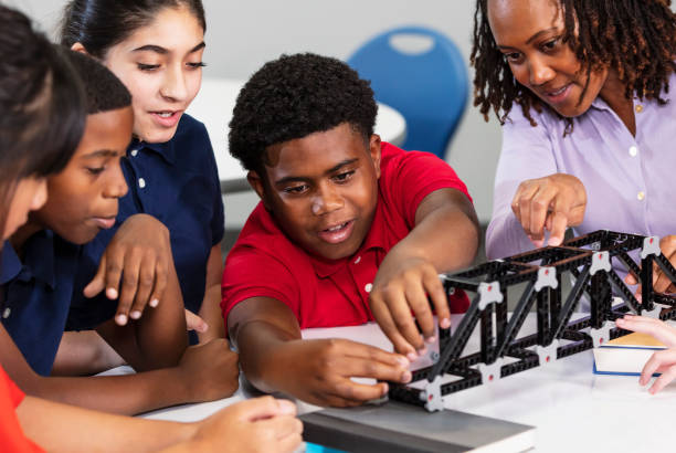 istock Middle school students, teacher with model of bridge 2152266840