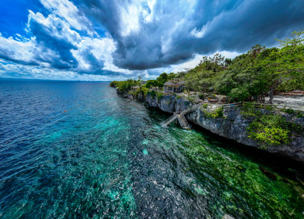 Paradise beach coastline with coconut palm trees on sunrise in Indonesia. Tropical destination.