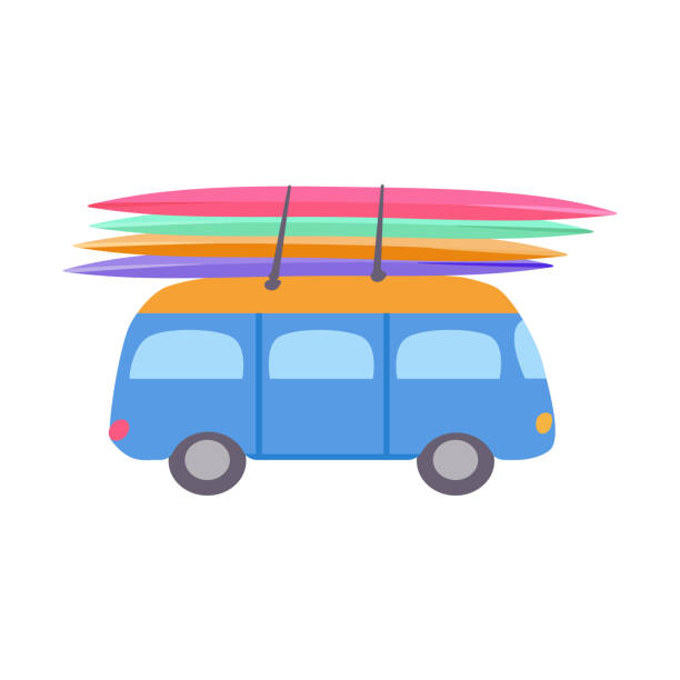 istock Isolated cute retro Blue bus Multicolored surfboards Vacation trip Flat vector print summer poster poster clothing paper 2152282733